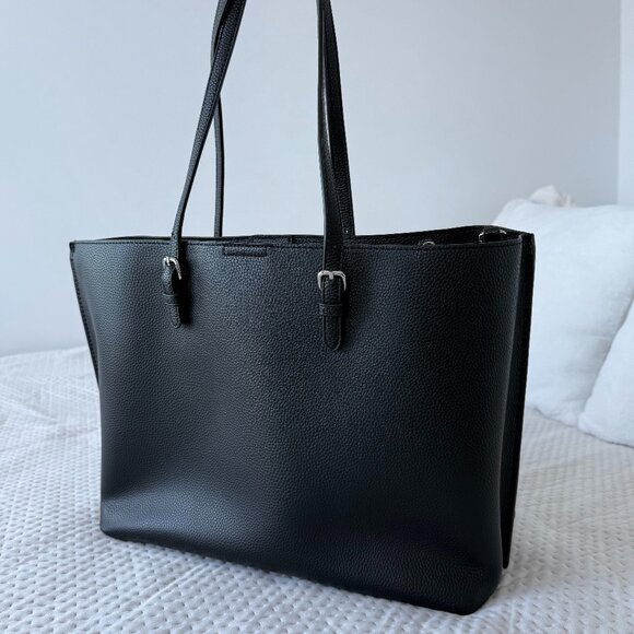 SIMONS SHOPPING WORK SHOULDER TOTE BAG BLACK VEGAN LEATHER - Picture 1 of 5